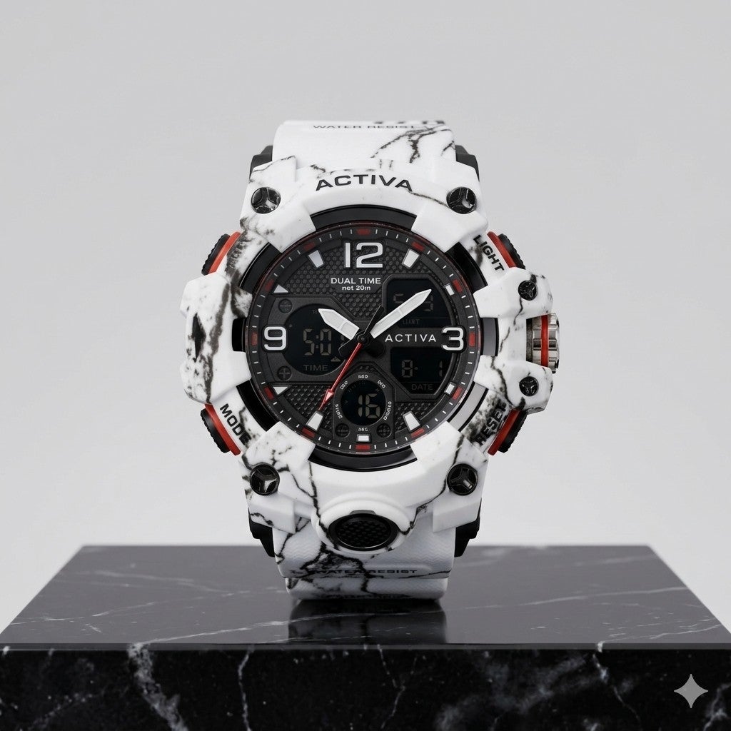Activa Dual-Time Digital-Analog Sports Watch White Marble Resin